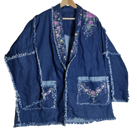 Handmade Jackets & Blazers - Handmade Denim Hand Painted Horse Open Front Jacket Sz 2X